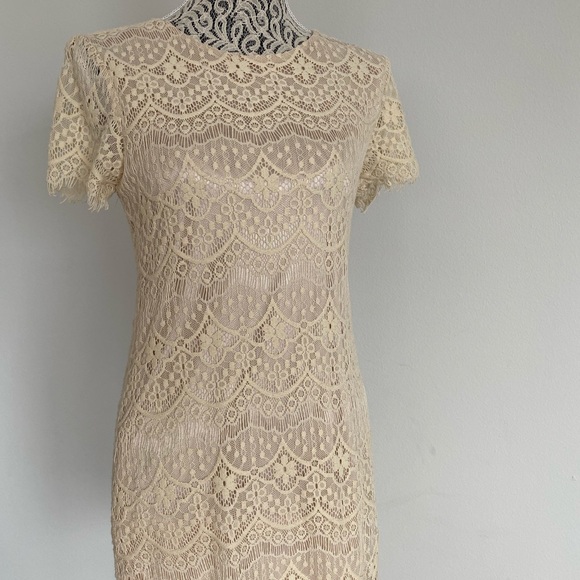 Cream lace mini dress with scoop neck and short sleeves - Picture 1 of 4